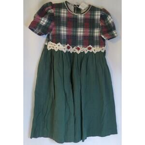 VINTAGE PEACHES N CREAM Dress Size 7 Girls Short Sleeve Crochet Plaid Green Boho